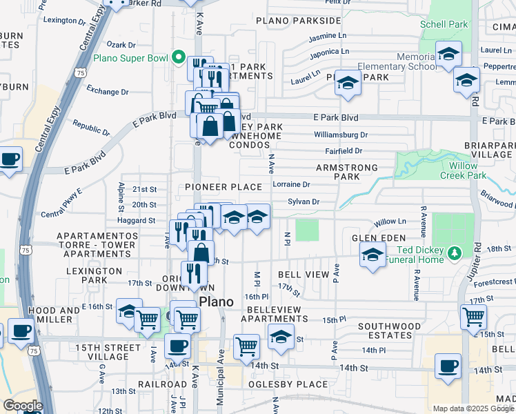 map of restaurants, bars, coffee shops, grocery stores, and more near 1303 Sylvan Drive in Plano