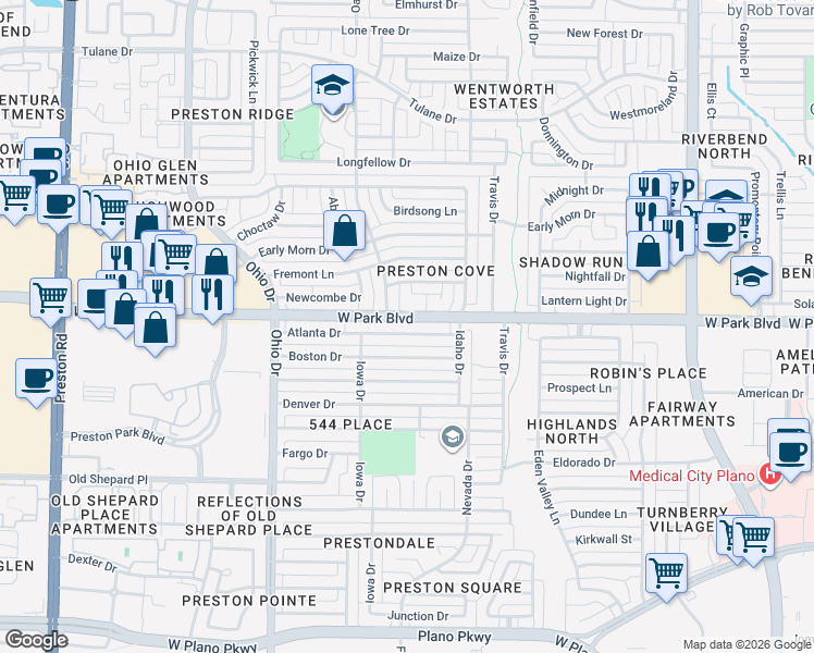 map of restaurants, bars, coffee shops, grocery stores, and more near 2000 Decator Drive in Plano