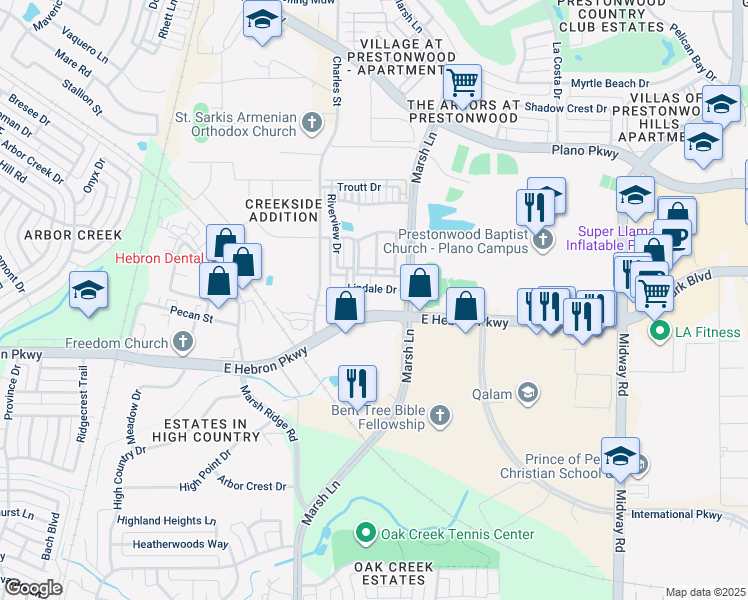 map of restaurants, bars, coffee shops, grocery stores, and more near 2933 Lindale Drive in Carrollton