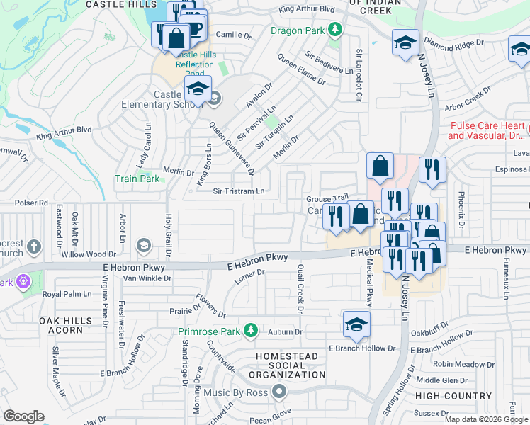 map of restaurants, bars, coffee shops, grocery stores, and more near 1605 Black Duck Terrace in Carrollton