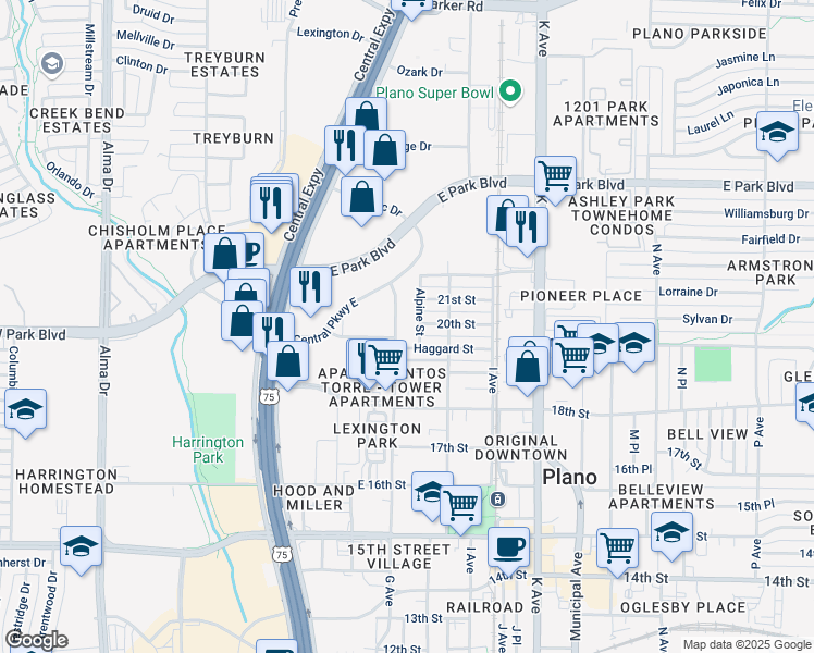 map of restaurants, bars, coffee shops, grocery stores, and more near 2001-2825 G Avenue in Plano