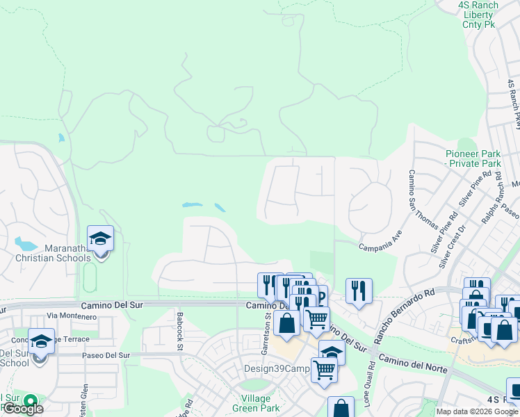 map of restaurants, bars, coffee shops, grocery stores, and more near 17126 Tallow Tree Lane in San Diego