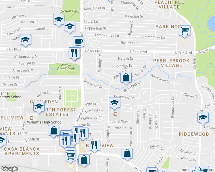 map of restaurants, bars, coffee shops, grocery stores, and more near 2626 Rockbrook Drive in Plano