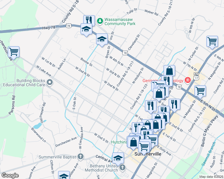 map of restaurants, bars, coffee shops, grocery stores, and more near 616 West 2nd North Street in Summerville