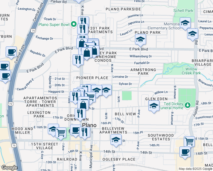 map of restaurants, bars, coffee shops, grocery stores, and more near 1303 Sylvan Drive in Plano