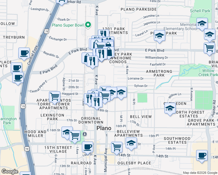 map of restaurants, bars, coffee shops, grocery stores, and more near 1916 K Avenue in Plano