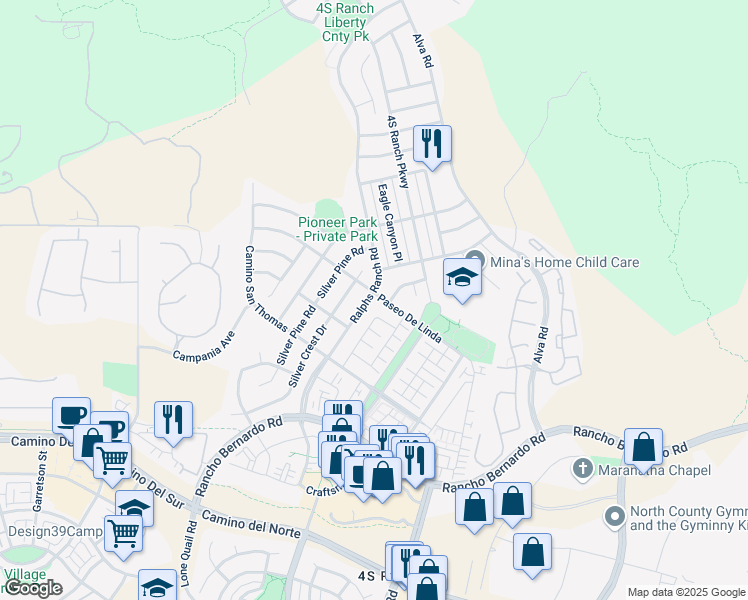 map of restaurants, bars, coffee shops, grocery stores, and more near 17083 Ralphs Ranch Road in San Diego