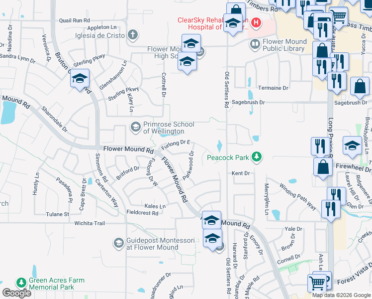map of restaurants, bars, coffee shops, grocery stores, and more near 3417 Furlong Drive East in Flower Mound
