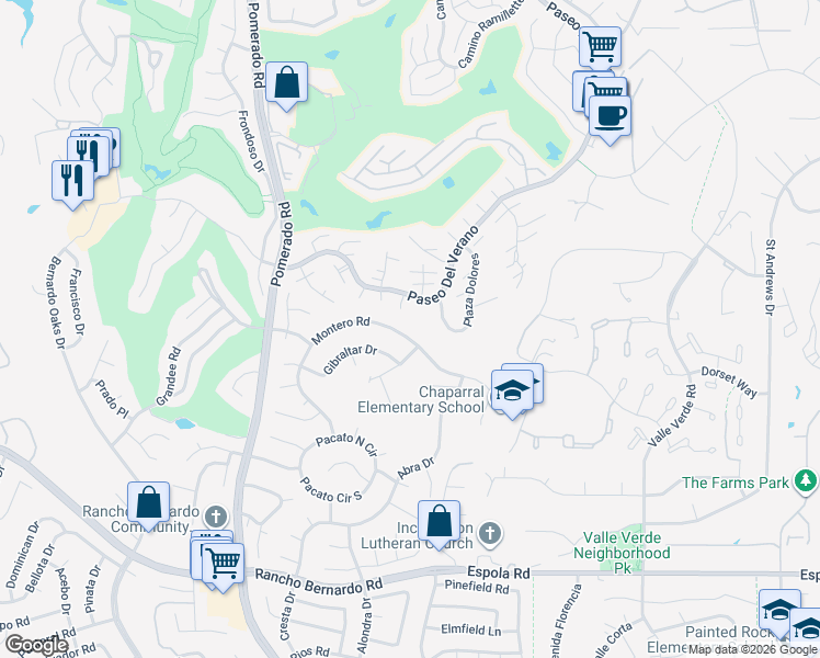 map of restaurants, bars, coffee shops, grocery stores, and more near 17570 Montero Road in San Diego