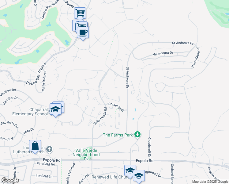 map of restaurants, bars, coffee shops, grocery stores, and more near 17505 Corte Lomas Verdes in Poway