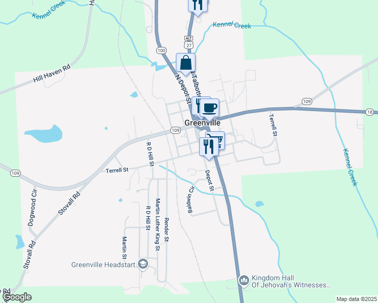 map of restaurants, bars, coffee shops, grocery stores, and more near 1229 Terrell Street in Greenville