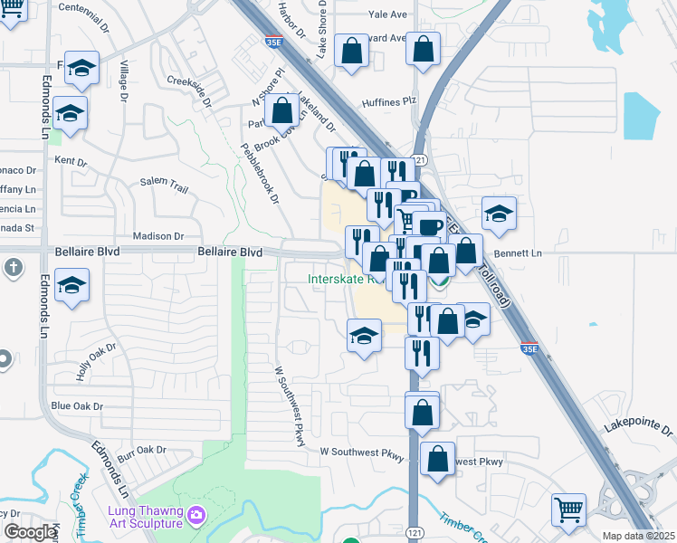 map of restaurants, bars, coffee shops, grocery stores, and more near 1531 South State Highway 121 in Lewisville