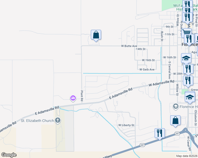 map of restaurants, bars, coffee shops, grocery stores, and more near Plant Road in Florence