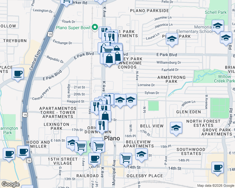 map of restaurants, bars, coffee shops, grocery stores, and more near 1916 K Avenue in Plano
