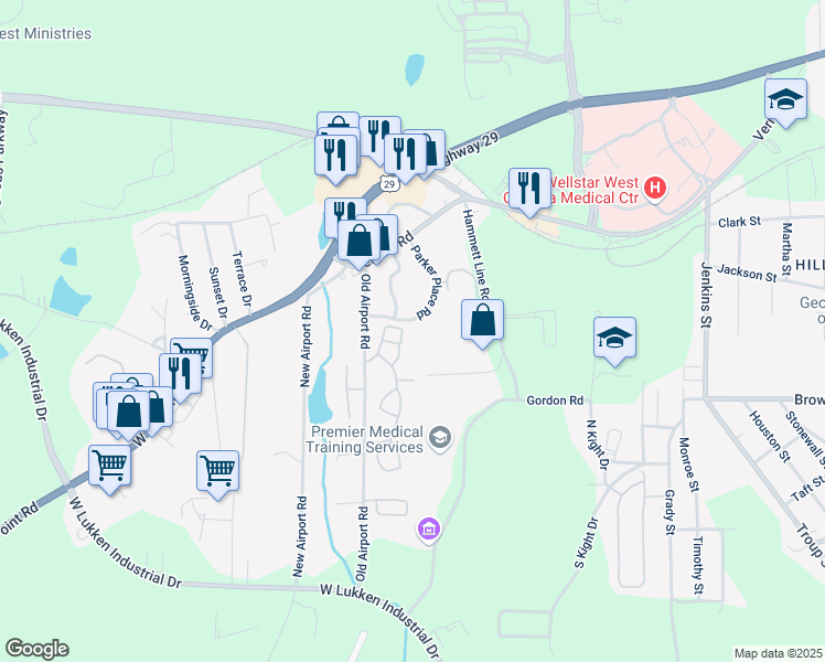 map of restaurants, bars, coffee shops, grocery stores, and more near 119 Old Airport Road in LaGrange