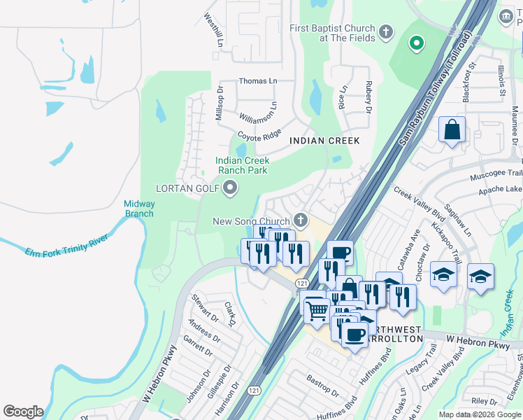 map of restaurants, bars, coffee shops, grocery stores, and more near 4241 Wilson Lane in Carrollton