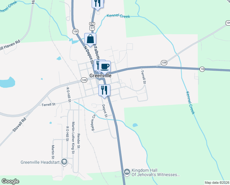 map of restaurants, bars, coffee shops, grocery stores, and more near 1705 Church Street in Greenville