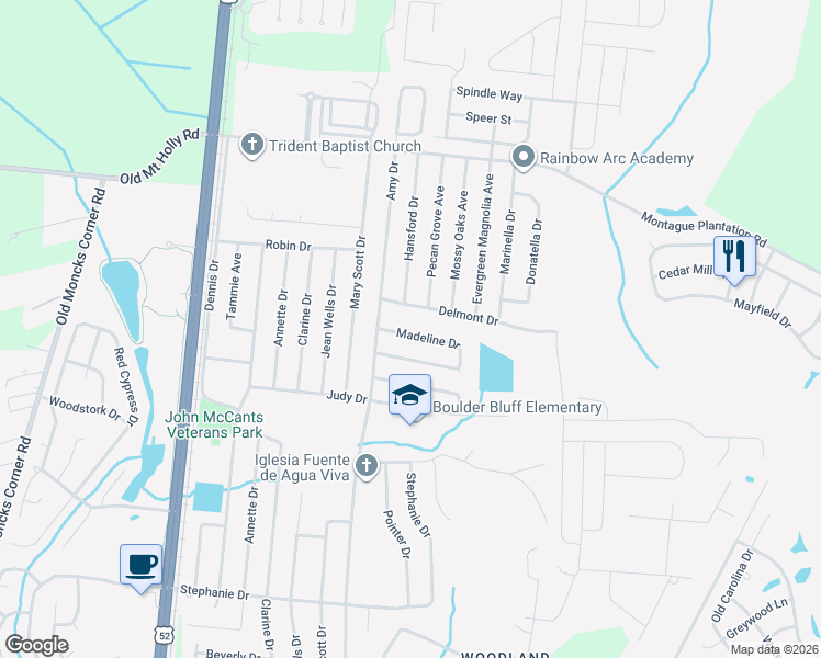map of restaurants, bars, coffee shops, grocery stores, and more near 411 Madeline Drive in Goose Creek