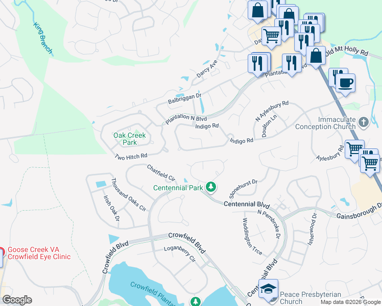 map of restaurants, bars, coffee shops, grocery stores, and more near 441 Indigo Road in Goose Creek