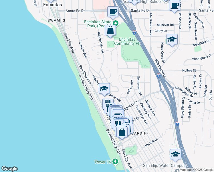 map of restaurants, bars, coffee shops, grocery stores, and more near in San Diego County