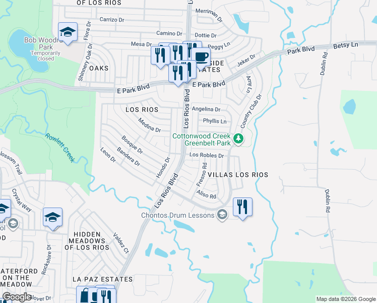 map of restaurants, bars, coffee shops, grocery stores, and more near 2104 Los Rios Boulevard in Plano