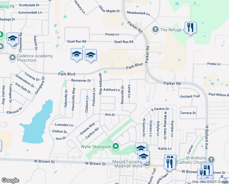 map of restaurants, bars, coffee shops, grocery stores, and more near 713 Ashford Lane in Wylie