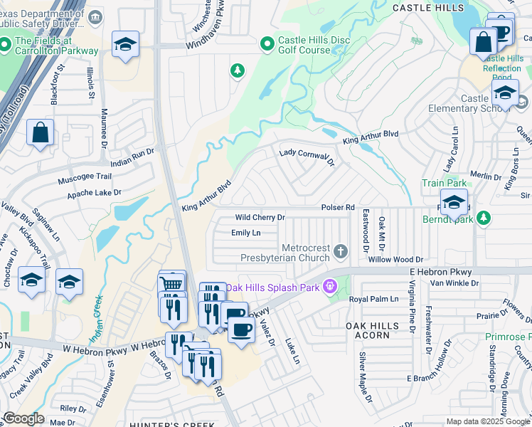 map of restaurants, bars, coffee shops, grocery stores, and more near 1201 Polser Road in Carrollton