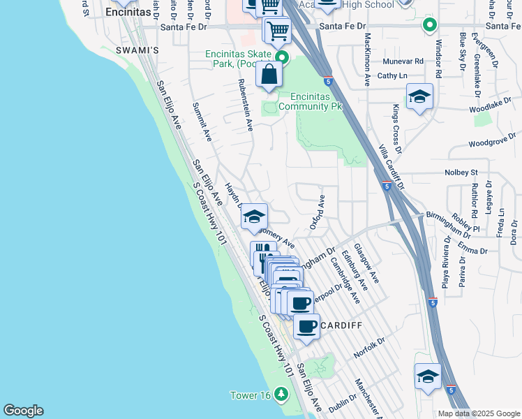 map of restaurants, bars, coffee shops, grocery stores, and more near 1752 Rubenstein Drive in Encinitas