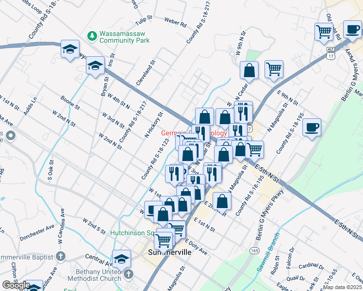 map of restaurants, bars, coffee shops, grocery stores, and more near 300 West 4th Street North in Summerville