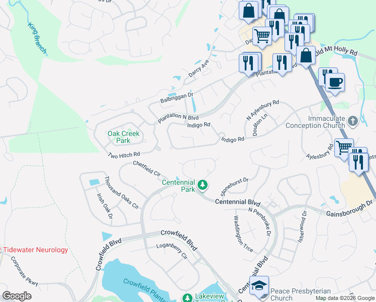 map of restaurants, bars, coffee shops, grocery stores, and more near 454 Indigo Road in Goose Creek