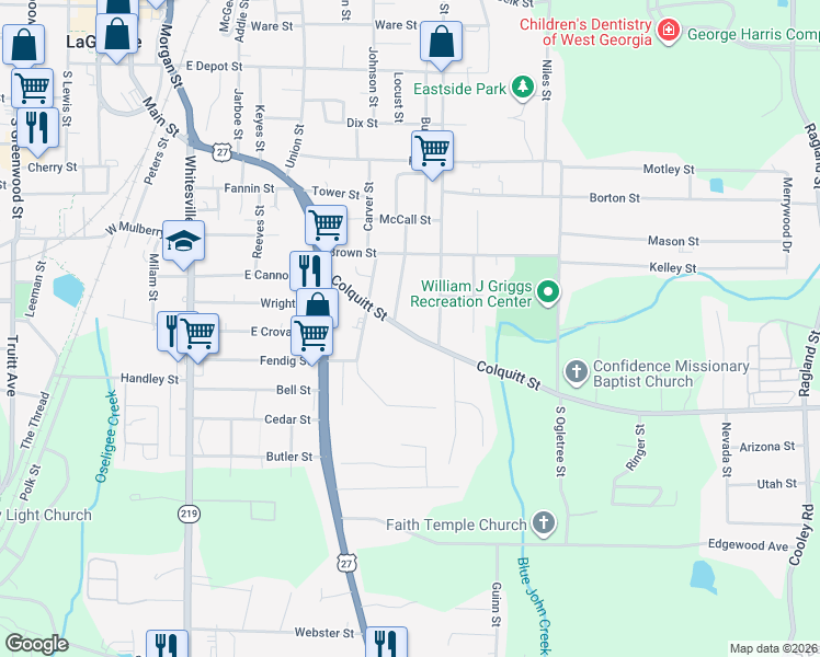 map of restaurants, bars, coffee shops, grocery stores, and more near 411 Colquitt Street in LaGrange