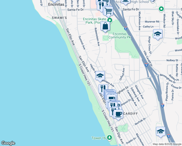 map of restaurants, bars, coffee shops, grocery stores, and more near 1703 San Elijo Avenue in Encinitas