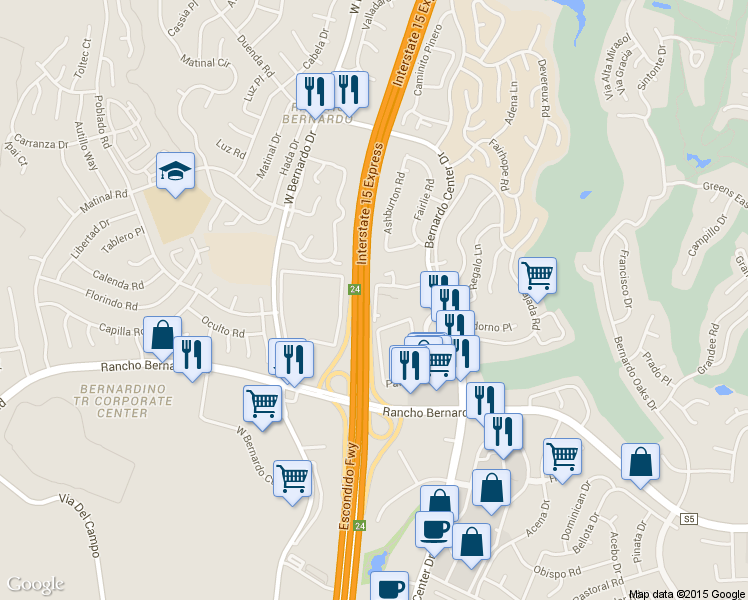 map of restaurants, bars, coffee shops, grocery stores, and more near 11717 Bernardo Terrace in San Diego