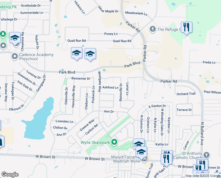map of restaurants, bars, coffee shops, grocery stores, and more near 713 Ashford Lane in Wylie