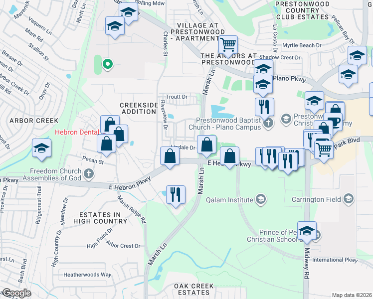 map of restaurants, bars, coffee shops, grocery stores, and more near 2933 Lindale Drive in Carrollton
