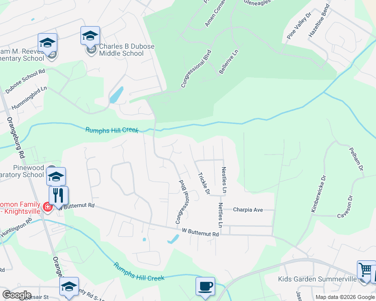 map of restaurants, bars, coffee shops, grocery stores, and more near 163 Trickle Drive in Summerville