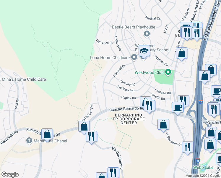 map of restaurants, bars, coffee shops, grocery stores, and more near 11138 Capilla Road in San Diego