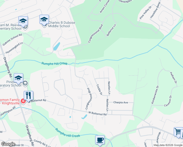 map of restaurants, bars, coffee shops, grocery stores, and more near 161 Trickle Drive in Summerville