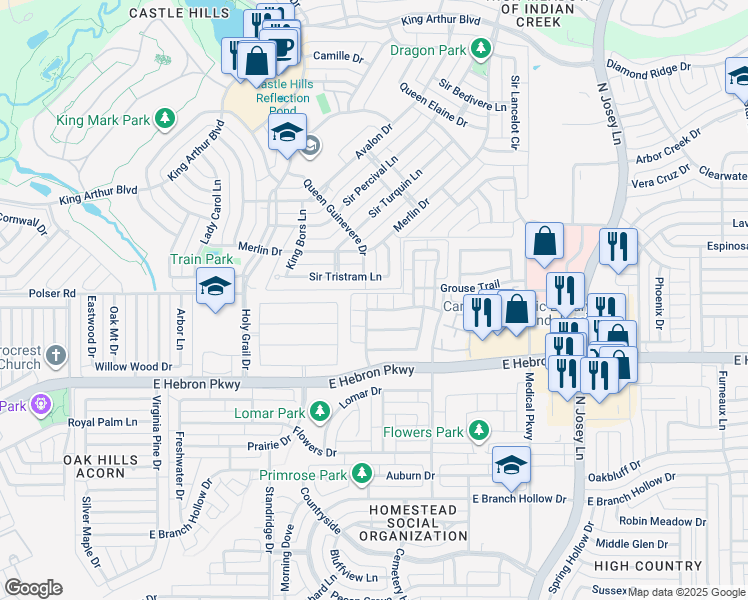 map of restaurants, bars, coffee shops, grocery stores, and more near 1605 Black Duck Terrace in Carrollton