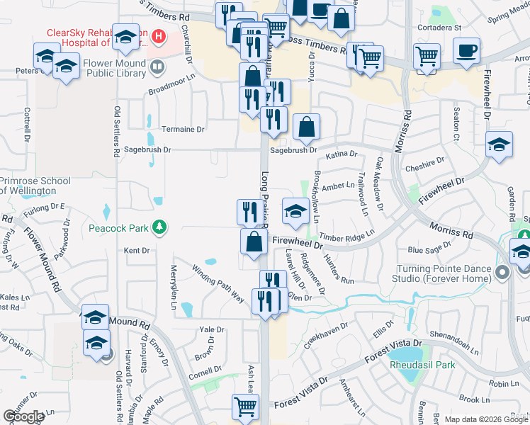 map of restaurants, bars, coffee shops, grocery stores, and more near Long Prairie Road in Flower Mound