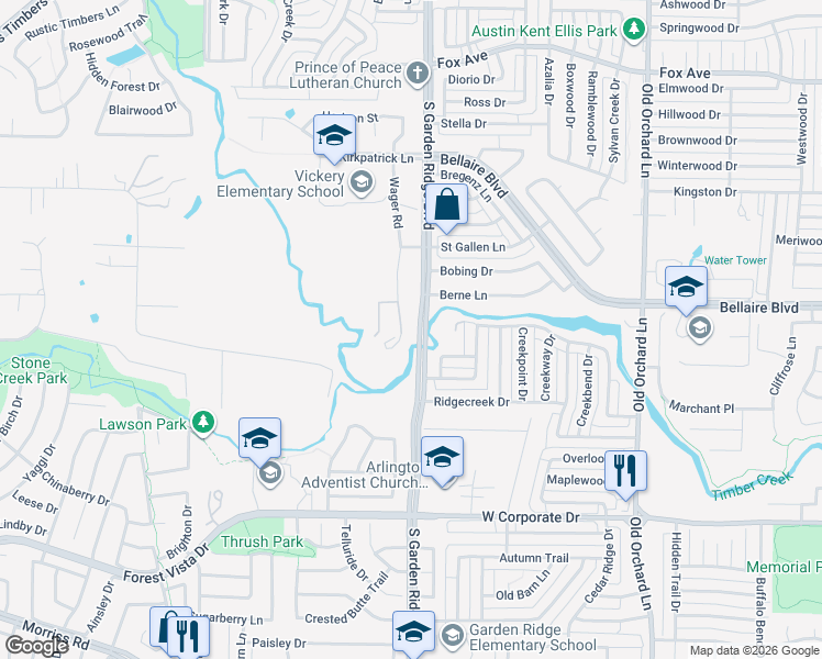 map of restaurants, bars, coffee shops, grocery stores, and more near 3030 Wager Road in Lewisville