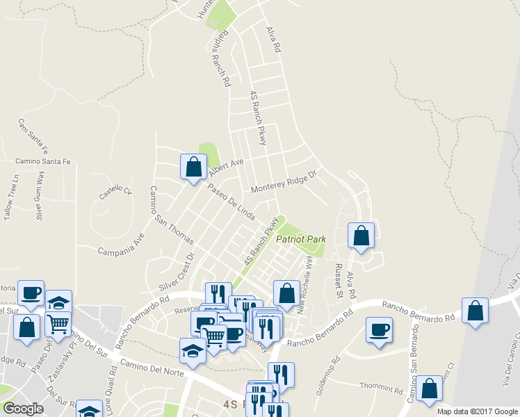 map of restaurants, bars, coffee shops, grocery stores, and more near 17135 Glen Aspen Drive in San Diego