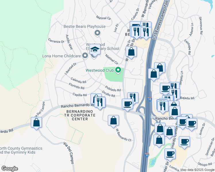 map of restaurants, bars, coffee shops, grocery stores, and more near 11444 Poblado Road in San Diego