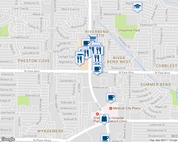 map of restaurants, bars, coffee shops, grocery stores, and more near 4001 West Park Boulevard in Plano