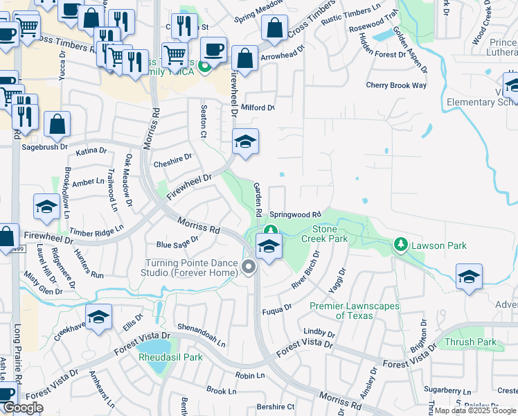 map of restaurants, bars, coffee shops, grocery stores, and more near Garden Road in Flower Mound