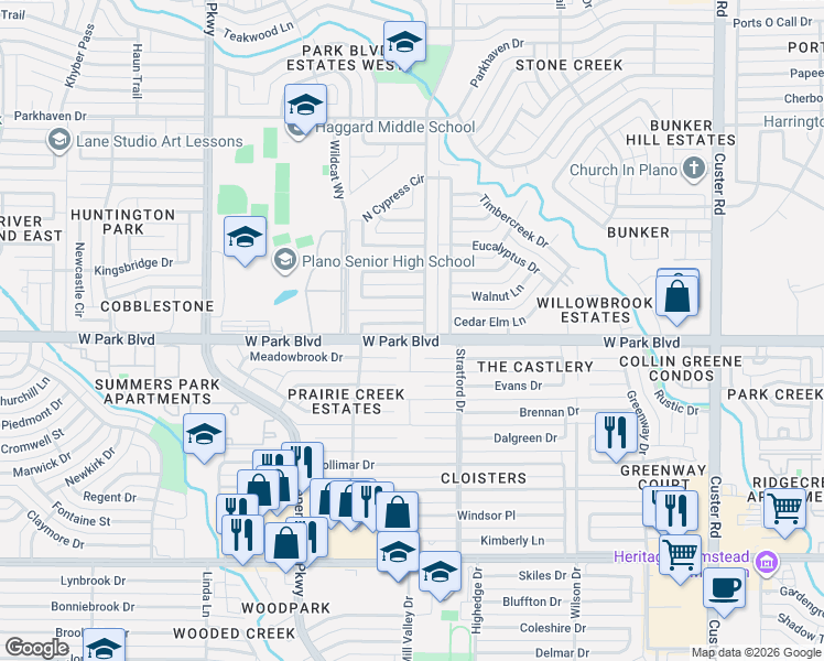 map of restaurants, bars, coffee shops, grocery stores, and more near 2704 Leameadow Drive in Plano