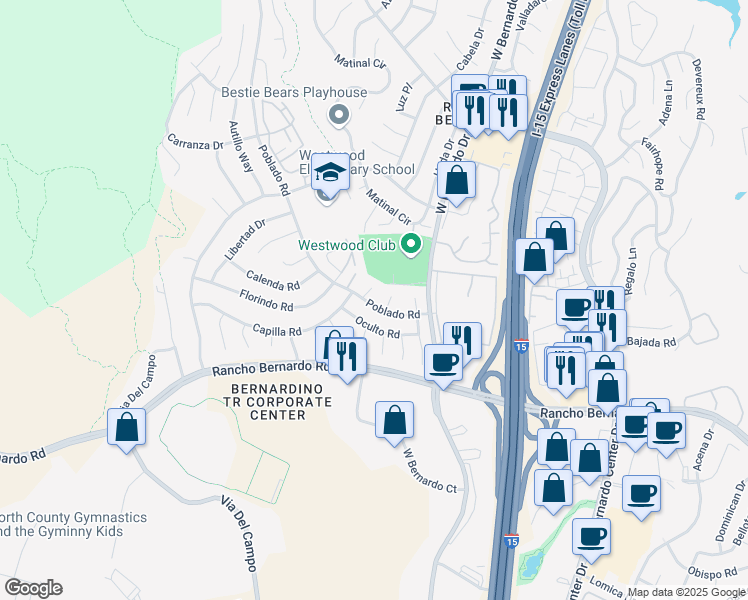 map of restaurants, bars, coffee shops, grocery stores, and more near 11444 Poblado Road in San Diego