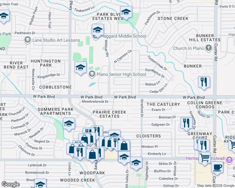 map of restaurants, bars, coffee shops, grocery stores, and more near 2728 Leameadow Drive in Plano