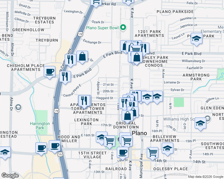 map of restaurants, bars, coffee shops, grocery stores, and more near 907 20th Street in Plano