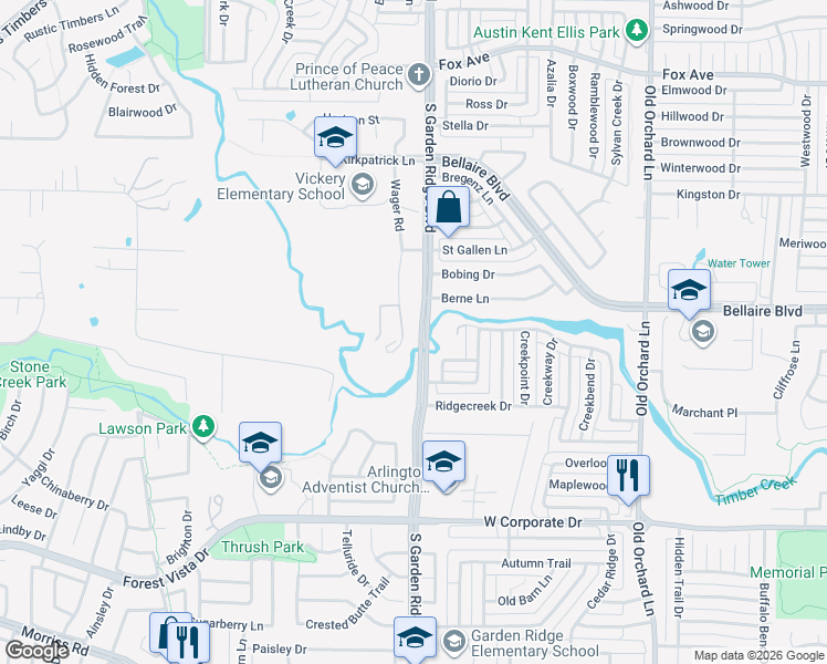 map of restaurants, bars, coffee shops, grocery stores, and more near 3030 Wager Road in Lewisville